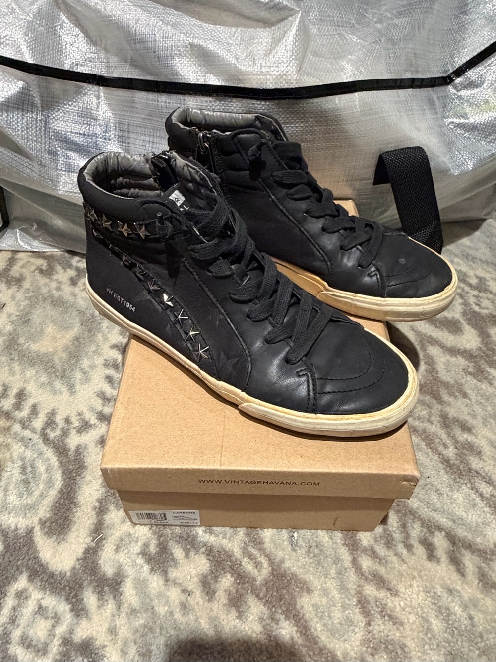 Vintage Havana Black High-Top Sneakers with Star Studs